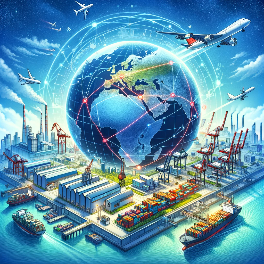 An-illustrative-colorful-image-representing-the-concept-of-a-global-supply-chain.-The-scene-includes-a-large-globe-in-the-center-highlighted-with-ma